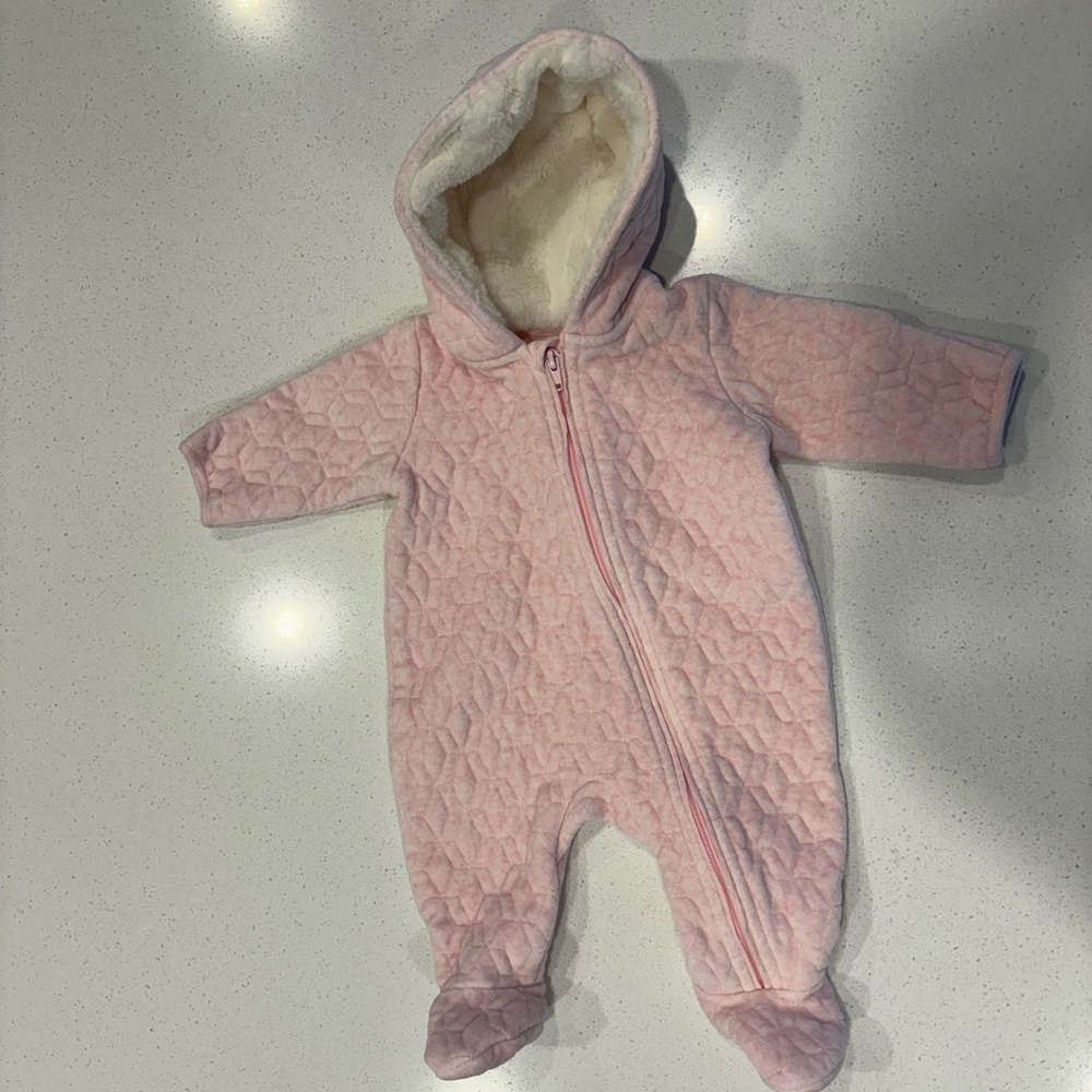 Nordstrom Pink Quilted Bodysuit with Faux Fur Hood